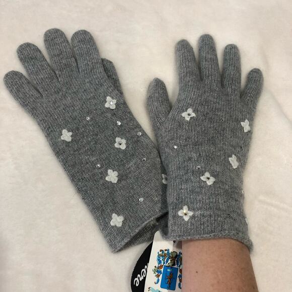 Cashmere Gloves with Flowers in Light Grey Ladies 10" OSFM NWT New - Picture 2 of 4